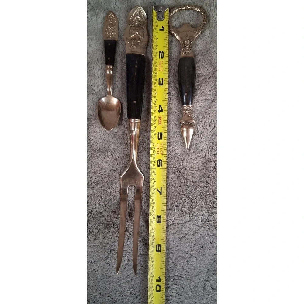 Vintage Siam Thai Brass & Buffalo Horn Barware Set Buddha Coffee Spoon Fork 3pc